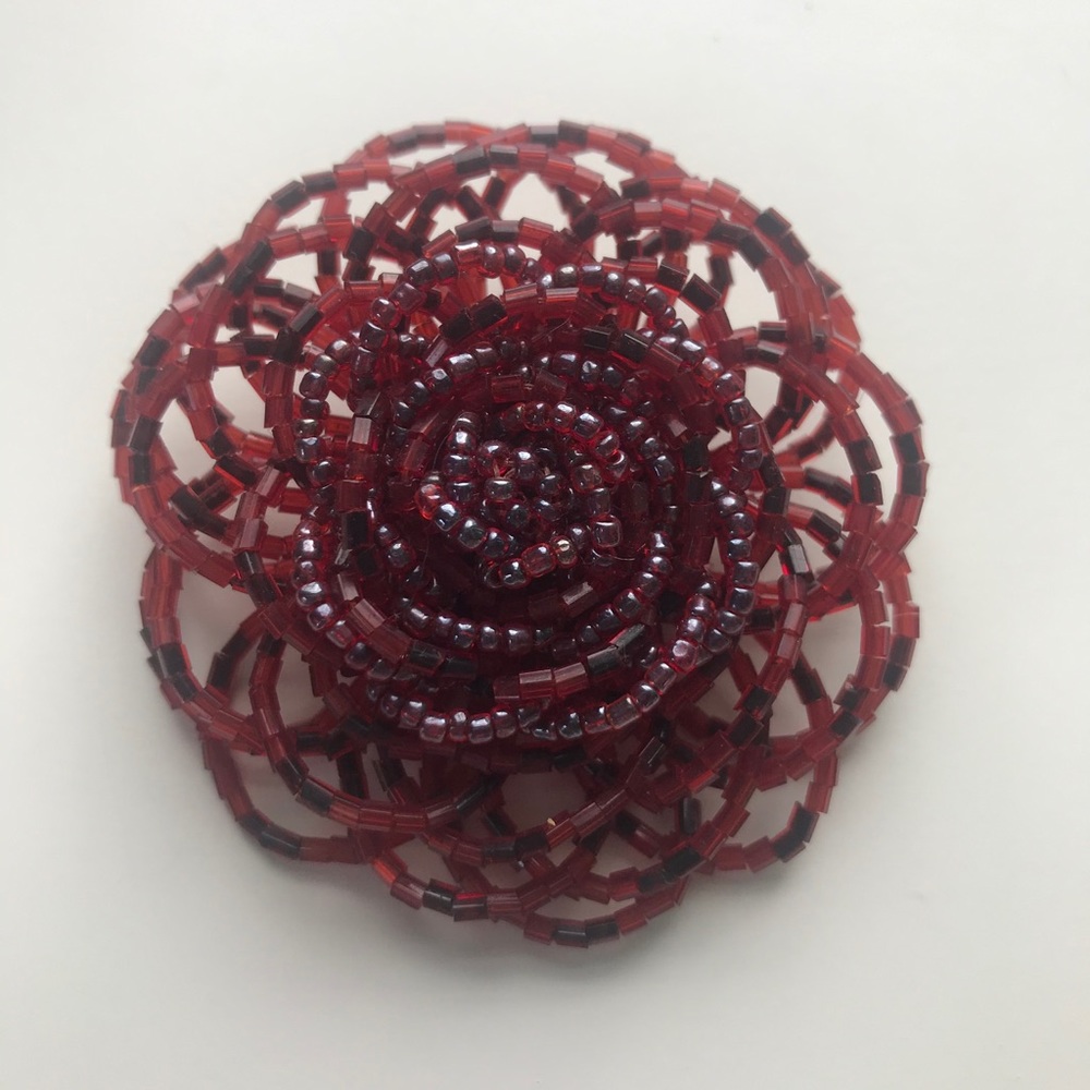 Large Wire Beaded Rose Flower Brooch